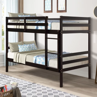 Costway Twin Over Twin Wood Bunk Beds Ladder Safety Rail EspressoWhite - Image 7