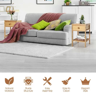 Costway 2PCS Bamboo Nightstand Natural Side End Table W/Drawer For Living Room Bedroom - Image 4