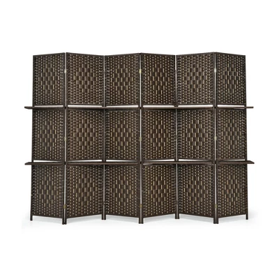 Costway 6 Panel Folding Room Divider 6Ft Weave Fiber Screen W/ 2 Display Shelves - Image 9