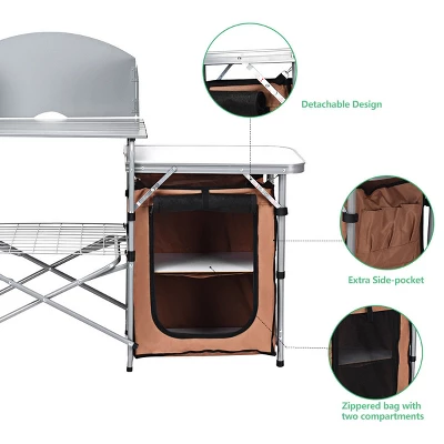 Costway Foldable Camping Table Outdoor BBQ Portable Grilling Stand W/Windscreen Bag - Image 2