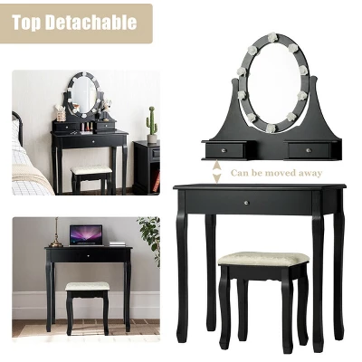 Costway Bedroom Vanity Set Makeup Dressing Table W/3 Drawers 10 LED Bulb Black - Image 6