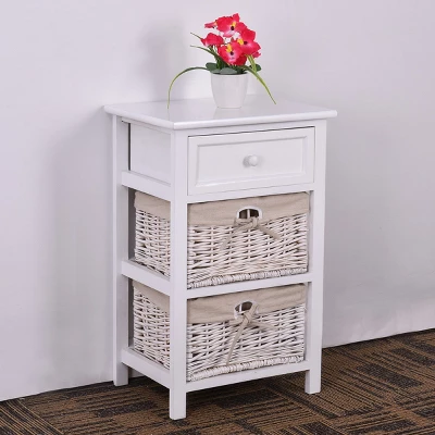 Costway 2PCS Night Stand 3 Tiers 1 Drawer Bedside End Table Organizer Wood W/2 Baskets - Image 3