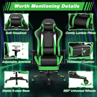 Costway High Back Gaming Chair Adjustable Office Computer Task Chair W/Footrest Green - Image 4
