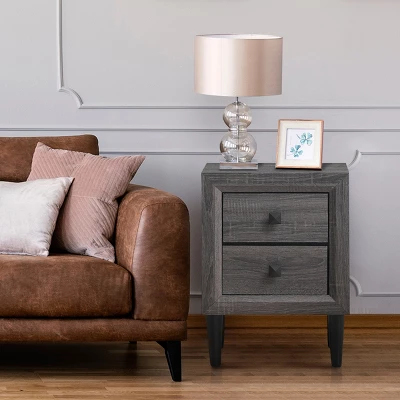 Costway Nightstand W/2 Drawers Multipurpose Retro Grey Bedside Table Fully Assembled - Image 6