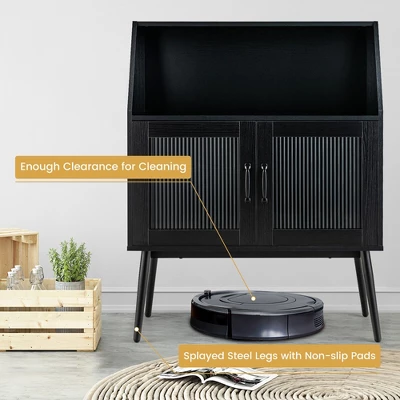 Costway Kitchen Storage Cupboard Buffet Cabinet Sideboard W/ Open Cubby & 2 Glass Doors - Image 5