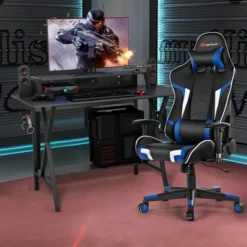 Costway Gaming Computer Desk&Massage Gaming Chair Set W/Monitor Shelf Power Strip