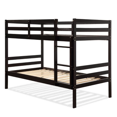 Costway Twin Over Twin Wood Bunk Beds Ladder Safety Rail EspressoWhite - Image 9