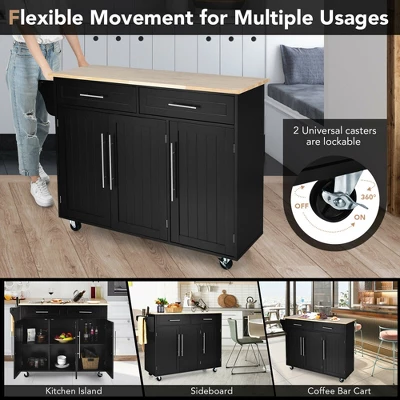 Costway Kitchen Island Trolley Cart Wood Top Rolling Storage Cabinet W/Knife Block Black - Image 6