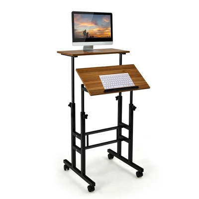Costway Mobile Standing Desk Rolling Adjustable Laptop Cart Home Office WalnutNatural - Image 11