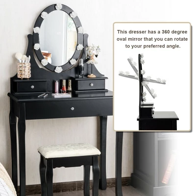 Costway Bedroom Vanity Set Makeup Dressing Table W/3 Drawers 10 LED Bulb Black - Image 4