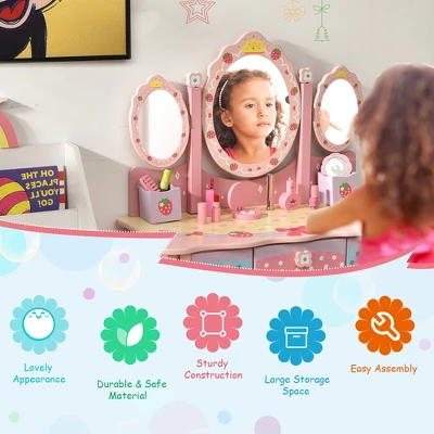 Costway Kids Vanity Princess Makeup Dressing Table Chair Set W/ Tri-fold Mirror Pink - Image 5