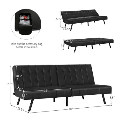 Costway Futon Sofa Bed PU Leather Convertible Folding Couch Sleeper Lounge White/Black/Grey - Image 3