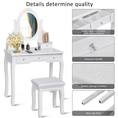 Costway Bedroom Wooden Mirrored Makeup Vanity Set Stool Table Set White 5 Drawers - Image 6
