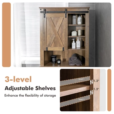 Costway Toilet Storage Rack With Sliding Barn Door & Adjustable Shelves, Rustic Brown - Image 6