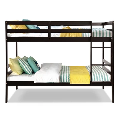 Costway Twin Over Twin Wood Bunk Beds Ladder Safety Rail EspressoWhite - Image 8