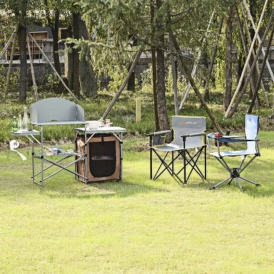 Costway Foldable Camping Table Outdoor BBQ Portable Grilling Stand W/Windscreen Bag - Image 3