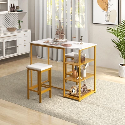 Costway 3PCS Bar Table Set Kitchen Counter Height Table 2 Stools Space Saving With Storage - Image 2