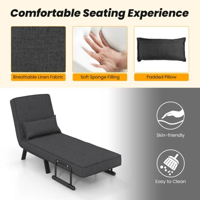 Costway Folding 6 Position Armchair Lounge Couch Convertible Sleeper Bed W/ Pillow Gray - Image 6