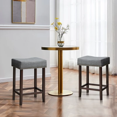 Costway Set Of 2 Nailhead Saddle Bar Stools 24'' Height W/ Fabric Seat & Wood Legs BeigeGray - Image 3