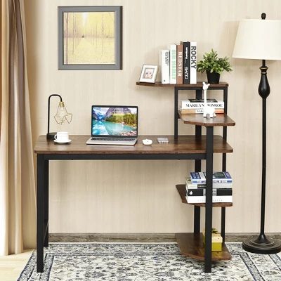 Costway Computer Desk Writing Study Table With Storage Shelves Home Office Rustic Brown - Image 4