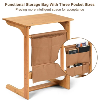 Costway Bamboo Sofa Table Laptop Desk Coffee Snack End Table Bedside Table W/Storage Bag - Image 6