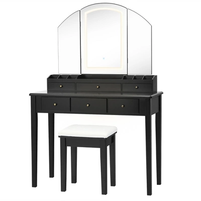 Costway Vanity Table Stool Set Large Tri-folding Lighted Mirror 6 Drawer Dresser WhiteBlack - Image 10