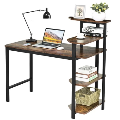 Costway Computer Desk Writing Study Table With Storage Shelves Home Office Rustic Brown - Image 9
