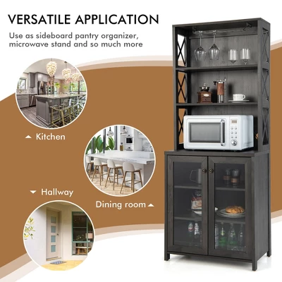 Costway Tall Freestanding Bar Cabinet Kitchen Buffet W/ Glass Holder & Adjustable Shelf - Image 4