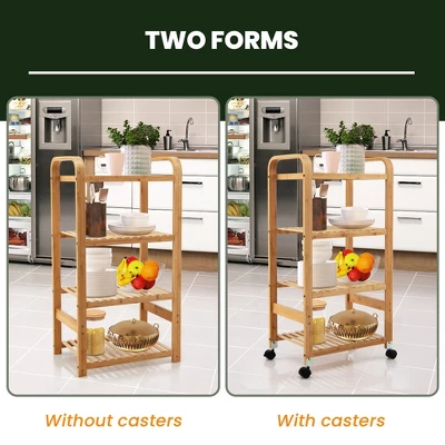 Costway 4-Tier Kitchen Serving Trolley Cart Mobile Bamboo Storage Shelf Lockable Casters - Image 6