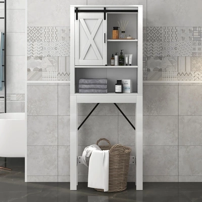 Costway Over The Toilet Bathroom Storage Cabinet With Sliding Barn Door & Adjustable Shelf