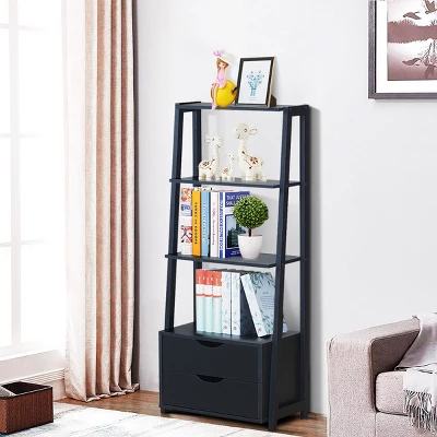 Costway 4-Tier Ladder Shelf Bookshelf Bookcase Storage Display Leaning With 2 Drawers - Image 3