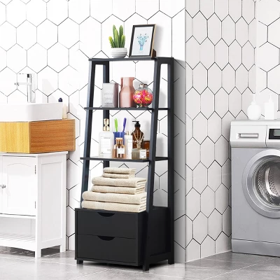 Costway 4-Tier Ladder Shelf Bookshelf Bookcase Storage Display Leaning With 2 Drawers - Image 2