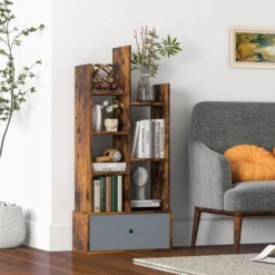 Costway Industrial Bookshelf Rustic Wooden Shelf Organizer With Non-woven Fabric Drawer