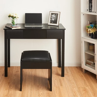 Costway Black Vanity Dressing Table Furniture Stool Storage Box - Image 7