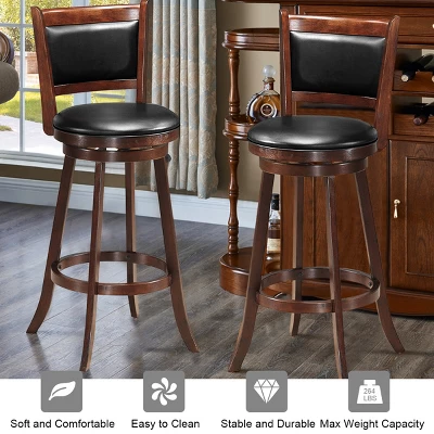 Costway Set Of 2 29'' Swivel Bar Height Stool Wood Dining Chair Upholstered Seat Panel Back Espresso - Image 6