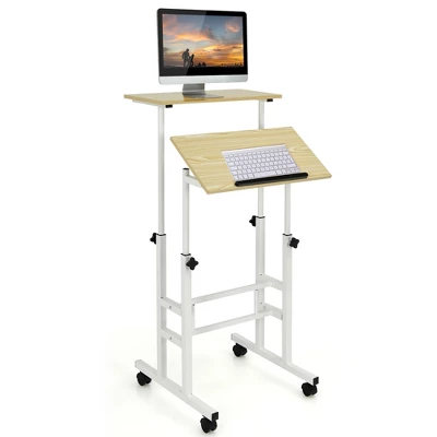 Costway Mobile Standing Desk Rolling Adjustable Laptop Cart Home Office WalnutNatural - Image 10