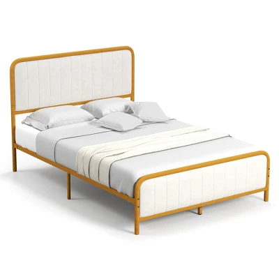 Costway Full Gold Metal Bed Frame Upholstered Platform Bed With Velvet Headboard - Image 9