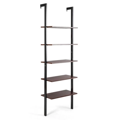 Costway 5-Tier Ladder Shelf Wood Wall Mounted Display Bookshelf Metal Frame Brown & Black/Brown & White/Bronze - Image 5