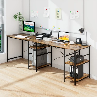 Costway 95'' Convertible L-shaped Corner Computer Desk 2-Person Long Desk Shelves Rustic/Black/Grey/Natural - Image 3
