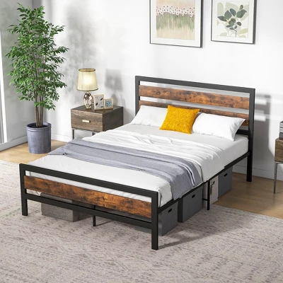Costway Full/Queen Industrial Metal Platform Bed Frame Rustic Headboard Mattress Foundation - Image 10