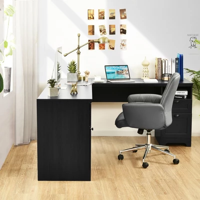 Costway L-Shaped Corner Computer Desk Writing Table Study Workstation W/ Drawers Storage Black - Image 3
