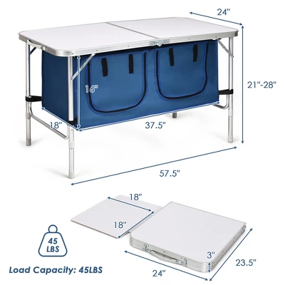 Costway Adjustable Camping Table Aluminum W/ Storage Organizer Grey/Dark Blue - Image 9