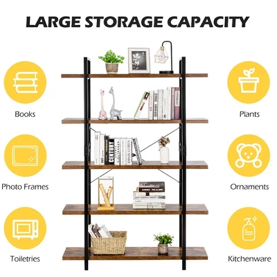 Costway 5-Tier Bookshelf Industrial Bookcase Open Storage Shelf Display Rack - Image 4