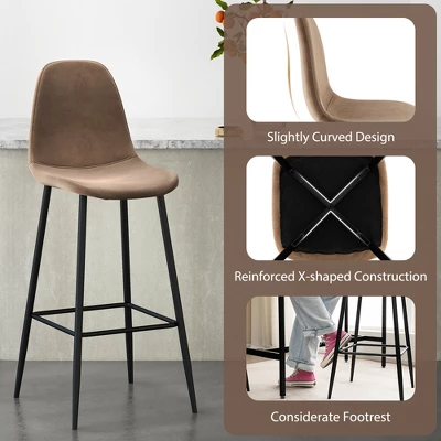 Costway Set Of 2 Bar Stools 29.5'' Velvet Upholstered High Back Bar Chairs Kitchen Brown/Grey - Image 5