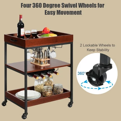 Costway 3 Tier Trolley Cart Kitchen Island Serving Bar Cart W/ Glass Holder & Wine Rack - Image 4
