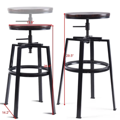 Costway Set Of 2 Vintage Bar Stool Adjustable Wood Metal Design Pub Chairs Industrial Backless