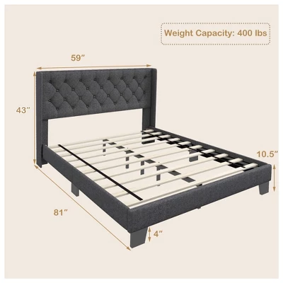 Costway Full/Queen/Twin Size Upholstered Platform Bed Tufted Headboard Mattress Foundation Grey - Image 2