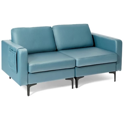 Costway Modern Loveseat Leathaire Fabric 2-Seat Sofa Couch W/ Side Storage Pocket - Image 10