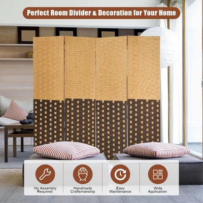 Costway 4 Panel Folding Room Divider Weave Fiber Privacy Partition Screen 6FT Tall - Image 6