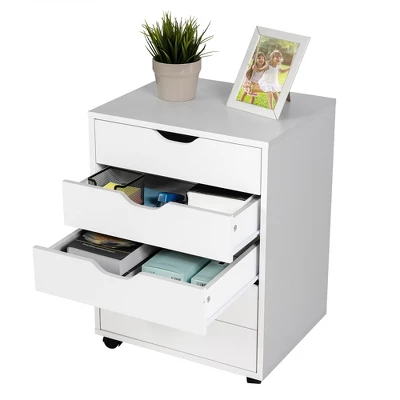 Costway 5 Drawer Chest Storage Dresser Floor Cabinet Organizer With Wheels White - Image 8
